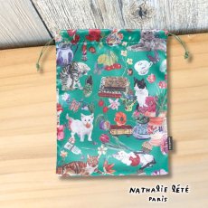 画像1: 【Nathalie Lete】Satin drawstring pouch｜ナタリー・レテ　サテンポーチ｜サテン地巾着袋　巾着バッグ｜ネコ猫ねこ (1)