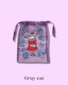画像3: 【Nathalie Lete】Organdy Drawstring pouch｜ナタリー・レテ　猫刺繍オーガンジー巾着バッグ｜選べる４種類♪ Maya / Gray cat / Blue eye / Black cat｜猫ネコねこ (3)