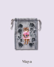 画像2: 【Nathalie Lete】Organdy Drawstring pouch｜ナタリー・レテ　猫刺繍オーガンジー巾着バッグ｜選べる４種類♪ Maya / Gray cat / Blue eye / Black cat｜猫ネコねこ (2)