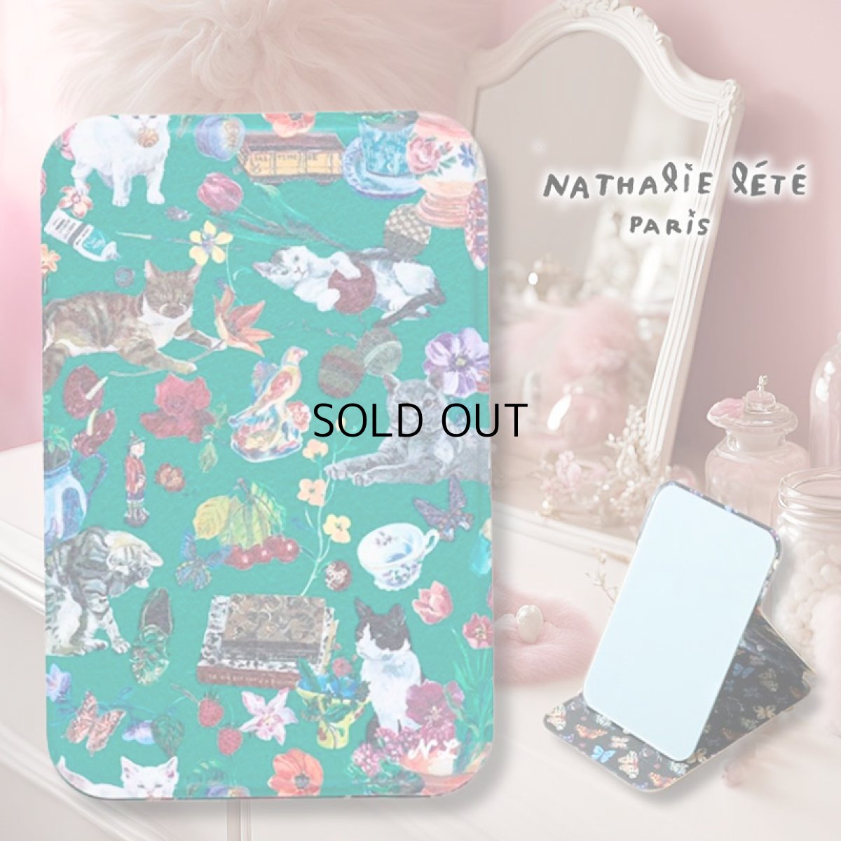 画像1: 【Nathalie Lete】Stand Mirror L(Cats)｜ナタリー・レテ　スタンドミラーＬ　グリーン猫柄｜cat｜猫ネコねこ (1)