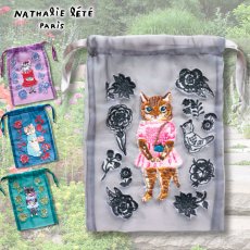 画像1: 【Nathalie Lete】Organdy Drawstring pouch｜ナタリー・レテ　猫刺繍オーガンジー巾着バッグ｜選べる４種類♪ Maya / Gray cat / Blue eye / Black cat｜猫ネコねこ (1)