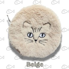 画像2: 【松尾ミユキ】Fluffy Circular Pouch ふわふわファーのまんまるポーチ モフモフ｜選べるカラー ベージュ/グレイ｜猫 ネコ ねこ｜ (2)
