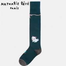 画像1: 【Nathalie Lete】 ハイソックス knee high white cat(グリーン)｜ナタリー・レテ｜猫 ネコ ねこ (1)
