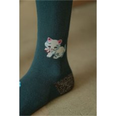 画像4: 【Nathalie Lete】 ハイソックス knee high white cat(グリーン)｜ナタリー・レテ｜猫 ネコ ねこ (4)