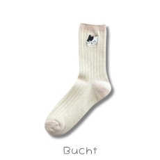 画像2: 松尾ミユキ / Matsuo Miyuki｜リブソックス 猫刺繍 Socks Rib｜シンプルカラー（レディースフリー）｜3種類から選べる  Hachiware / Tora / Buchi｜ハチワレ / トラ / ブチ｜ねこ猫ネコキャットcat (2)