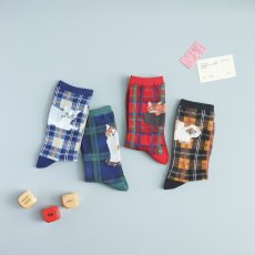 画像1: 【松尾ミユキ / Matsuo Miyuki】Check Socks Tabby｜ チェック靴下｜４種類から選べる Tabby/Hacu/Stripe/Ruru｜くつ下 くつした ソックス 猫ネコcat (1)