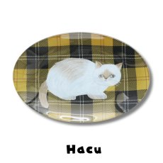画像2: 【松尾ミユキ / Matsuo Miyuki】＼４枚セット／ Glass Oval plate｜＼４枚セット／ ガラスプレート皿 オーバル チェックだ円｜Ruru / Stripe / Hacu / Tabby｜ねこ猫ネコcat (2)