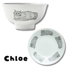 画像2: 【松尾ミユキ / Matsuo Miyuki】＼２点セット／お皿（M）とお茶碗セット｜Plate（M） & Bowl｜4種類から選べる  Pumpkin / Noisettes / Pepper / Chloe｜猫5匹とお花の白丸皿（M） ＆ねことお花のお茶碗｜ネコcat (2)