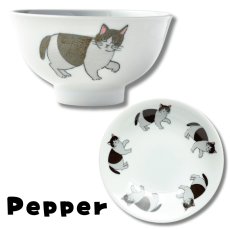 画像4: 【松尾ミユキ / Matsuo Miyuki】＼２点セット／お皿（M）とお茶碗セット｜Plate（M） & Bowl｜4種類から選べる  Pumpkin / Noisettes / Pepper / Chloe｜猫5匹とお花の白丸皿（M） ＆ねことお花のお茶碗｜ネコcat (4)