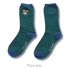 画像3: 【松尾ミユキ / Matsuo Miyuki】Wool blend EMB'D-cat ウールブレンドねこ刺繍ソックス 靴下 くつ下｜４種類から選べる Maron/Lin/Mugi/Leo｜猫ネコcat (3)