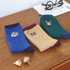 画像6: 【松尾ミユキ / Matsuo Miyuki】Wool blend EMB'D-cat ウールブレンドねこ刺繍ソックス 靴下 くつ下｜４種類から選べる Maron/Lin/Mugi/Leo｜猫ネコcat (6)