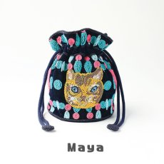 画像2: ナタリー・レテ / Nathalie Lete｜＼送料込み／Beaded Drawstring Bag　ビーズ巾着バッグ｜φ13×17cm インド製 総ビーズ刺繍ポシェット｜2種類から選べる Maya / Black cat｜ねこ猫ネコキャットcat (2)