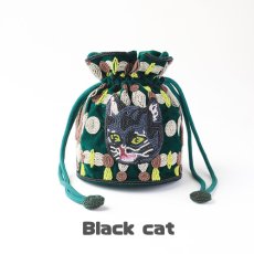 画像3: ナタリー・レテ / Nathalie Lete｜＼送料込み／Beaded Drawstring Bag　ビーズ巾着バッグ｜φ13×17cm インド製 総ビーズ刺繍ポシェット｜2種類から選べる Maya / Black cat｜ねこ猫ネコキャットcat (3)