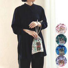 画像1: 【ナタリー・レテ / Nathalie Lete】Velour Drawstring pouch Tabby cat｜ベロア巾着ポーチ × ねこ刺繍｜4種類から選べる Tabby cat / Black cat / Blue eye / Maya｜猫ネコ (1)