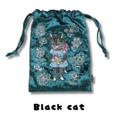 画像2: 【ナタリー・レテ / Nathalie Lete】Velour Drawstring pouch Tabby cat｜ベロア巾着ポーチ × ねこ刺繍｜4種類から選べる Tabby cat / Black cat / Blue eye / Maya｜猫ネコ (2)