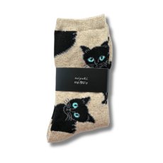 画像3: 松尾ミユキ / Matsuo Miyuki｜ウール混ソックス Wool blend socks｜Shadow｜あったかウールブレンド猫柄靴下｜ねこ猫ネコキャットcat (3)