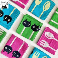 画像1: 【マタノアツコ / Atsuko Matano】今治　3重ガーゼミニハンカチ MEMEランチ クロネコメメ黒猫 コットン１００ 綿100% ハンドタオル｜3種類から選べる  ピンク / グリーン / スカイブルー｜ねこ猫ネコキャットcat (1)