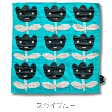 画像2: 【マタノアツコ / Atsuko Matano】今治　3重ガーゼハンカチ チューリップMEME クロネコメメ黒猫 コットン１００ 綿100% ハンドタオル｜3種類から選べる  イエロー / グリーン / スカイブルー｜ねこ猫ネコキャットcat (2)