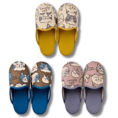 画像1: 綿麻ナチュラルスリッパ　キャットフェース　コットン×リネン｜３種類から選べる♪　アイボリー×イエロー/ブラウン×ブルー/ピンク×パープル｜ねこ猫ネコcat (1)