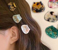 画像2: 国内発送｜ヘアアクセサリー　ふて猫ヘアクリップ｜ブラウンマーブル×ゴールド｜バンスクリップミニ｜ブラウンデミ柄　茶色ぶち猫べっこう｜髪留め　オシャレ可愛い　ファッション (2)