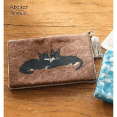 画像1: 【アトリエコテツ / Atelier KOTETSU】クッションポーチ L 　コスメ・ガジェットに♪小物入れ｜LネコBRブラウン｜猫ネコねこcatキャット (1)