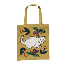 画像2: 【松尾ミユキ】Embroidery Tote bag Matsuo Miyuki　トートバッグ｜猫刺繍かばん｜Kitten　黄色｜「A4」すっぽり　たっぷり収納 (2)