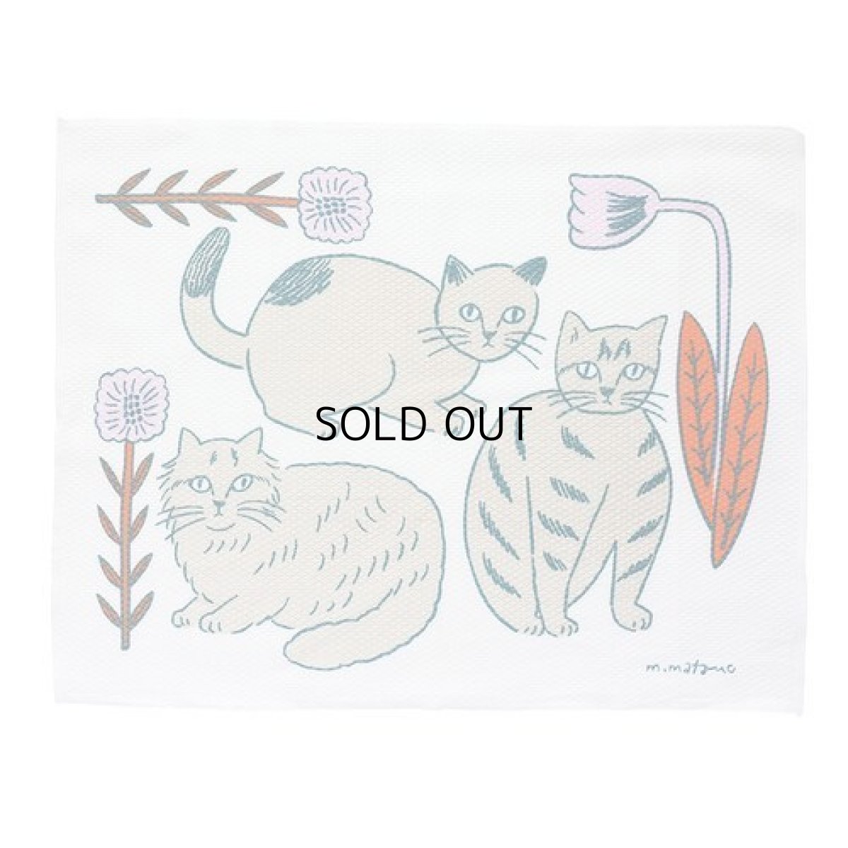 画像1: 【松尾ミユキ】キッチンクロス｜日本製｜ベージュ猫×花赤｜Kitchen cloth Cat Matsuo Miyuki｜ (1)