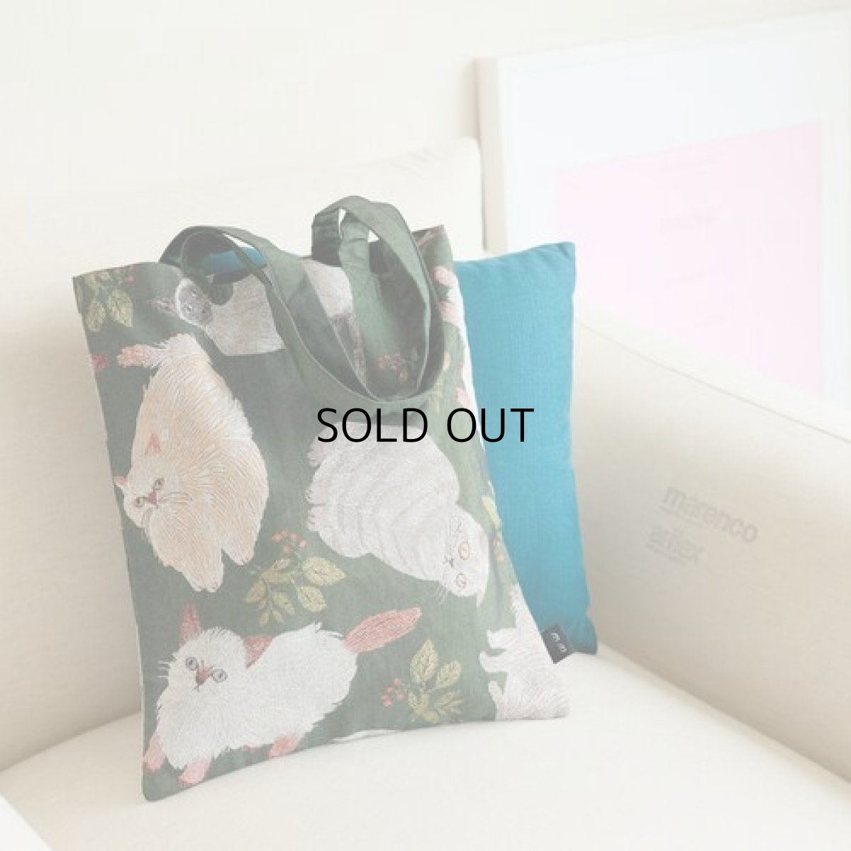 画像1: 【松尾ミユキ】Rectangle totebag Rabbit/Bird/Cat Matsuo Miyuki ｜Cat & Leaf　キャット＆リーフグリーン｜肩がけショルダートートバッグ　かばん｜ネコねこ猫cat (1)