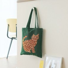 画像1: 【松尾ミユキ】Rectangle totebag Cat Matsuo Miyuki｜Milo　グリーン｜肩がけショルダートートバッグ　かばん｜ネコねこ猫cat (1)