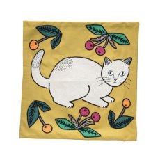 画像1: 【松尾ミユキ】Embroidery Cushion cover｜可愛い猫たちが刺繍されたクッションカバー｜イエロー（黄色）×白い子猫コネコ (1)