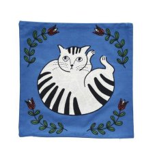 画像1: 【松尾ミユキ】Embroidery Cushion cover｜可愛い猫たちが刺繍されたクッションカバー｜ブルー（青）×トラネコ／虎猫 (1)