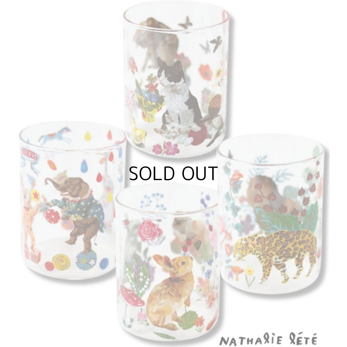画像1: 【Nathalie Lete】【４種セット♪】Heat resistant Middle glass｜ナタリー・レテ　耐熱ガラスコップ｜Jungle/Cats/Rabbits/Circus｜猫ねこネコ (1)