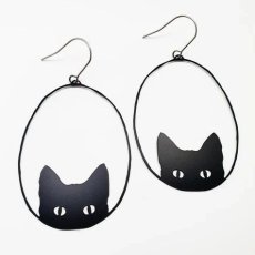 画像1: 国内発送｜アクセサリー　黒猫ビッグリングピアス　黒猫　ブラック｜オシャレ可愛い　ファッション (1)