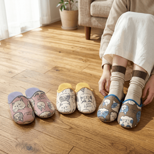 綿麻ナチュラルスリッパ　キャットフェース　コットン×リネン