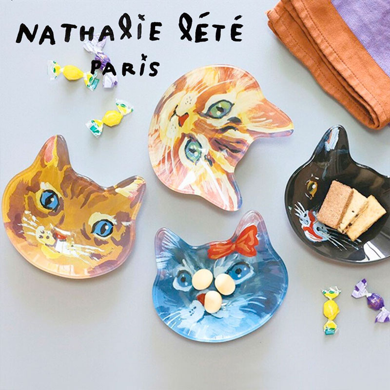 【Nathalie Lete】Cat face glass plate W13cm　猫型ボウル｜プレート・お皿｜選べる Maya/Gray cat/Blue eye/Black cat｜猫ネコねこ
