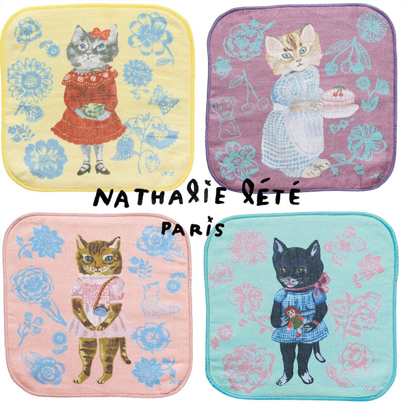 【Nathalie Lete】Gauze hand towel ガーゼハンドタオル｜選べる Maya/Gray cat/Blue eye/Black cat｜猫 ネコ ねこ｜ハンカチ