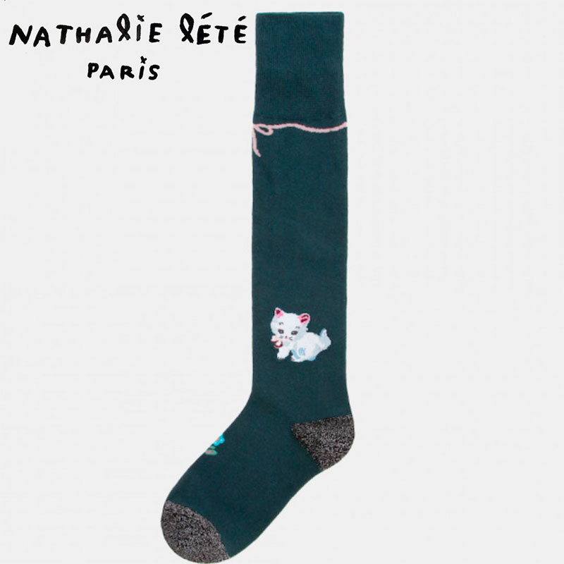 【Nathalie Lete】 ハイソックス knee high white cat(グリーン)｜ナタリー・レテ｜猫 ネコ ねこ