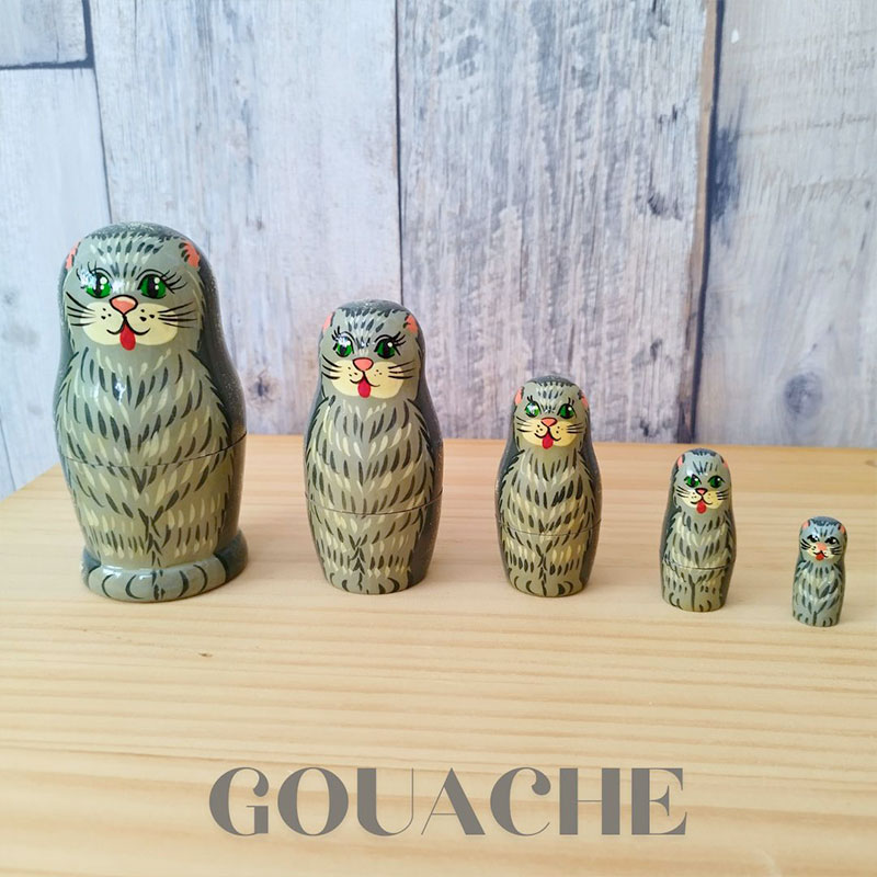 【GOUACHE】 マトリョーシカ ネコ5個組(グレー)｜小物入れ｜置き物｜インテリア装飾｜猫 ネコ ねこ