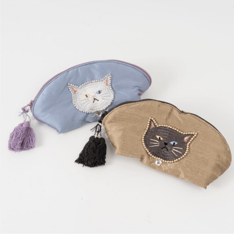 【クラフトインディア / Craft India】ねこのビーズ刺繍ミニポーチ cat（アリストキャッツ）｜２種類から選べるカラー グレイ/ブルー｜猫ねこキャットcat