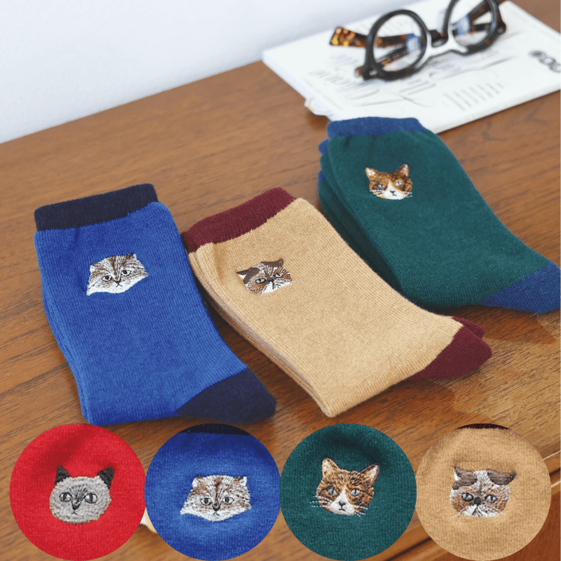 【松尾ミユキ / Matsuo Miyuki】Wool blend EMB'D-cat ウールブレンドねこ刺繍ソックス 靴下 くつ下｜４種類から選べる Maron/Lin/Mugi/Leo｜猫ネコcat