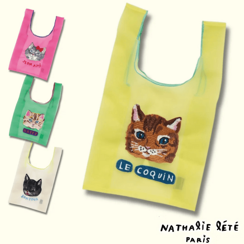 【Nathalie Lete】Organdy Bag S｜ナタリー・レテ　透け感オーガンジーレースバッグS猫刺繍｜選べる4種類　Maya/Gray cat/Blue eye/Black cat｜猫ねこネコ