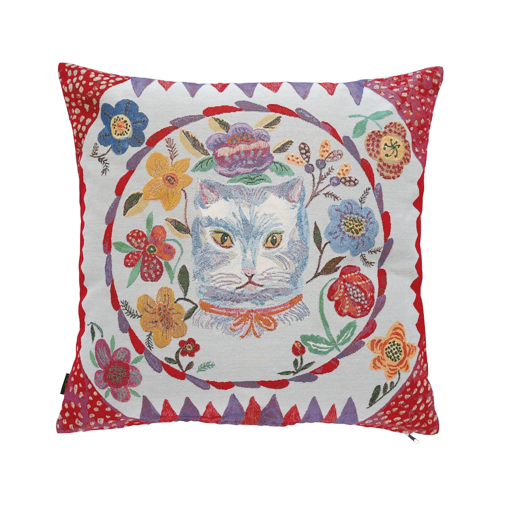 【ナタリー・レテ / Nathalie Lete】Cushion cover Blue cat クッションカバー ブルー キャット｜猫ネコねこcat