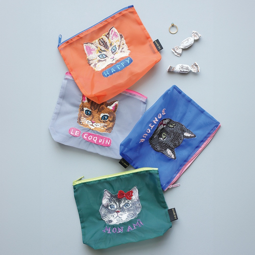 【Nathalie Lete】Organdy Pouch｜ナタリー・レテ　透け感オーガンジーポーチ猫刺繍｜選べる4種類　Maya/Gray cat/Blue eye/Black cat｜猫ねこネコ