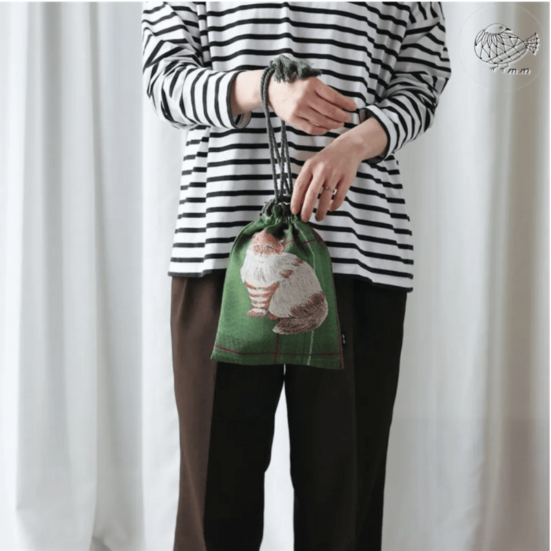 【松尾ミユキ】Drawstring bag cat check back 巾着バッグ チェック｜４種類から選べる♪Leo/Mugi/Lin/Maron｜ネコ猫ねこ